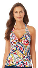 Anne Cole MULTI Watercolor Paisley Front-Ring Halter Tankini Top, US Medium
