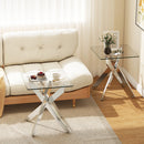 Glass Side Table Square End Table with Tempered Glass Top and Metal X Base-Silver