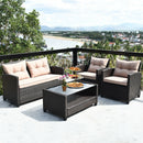 4 Pieces Patio Rattan Conversation Furniture Set with Glass Top Coffee Table-Gray