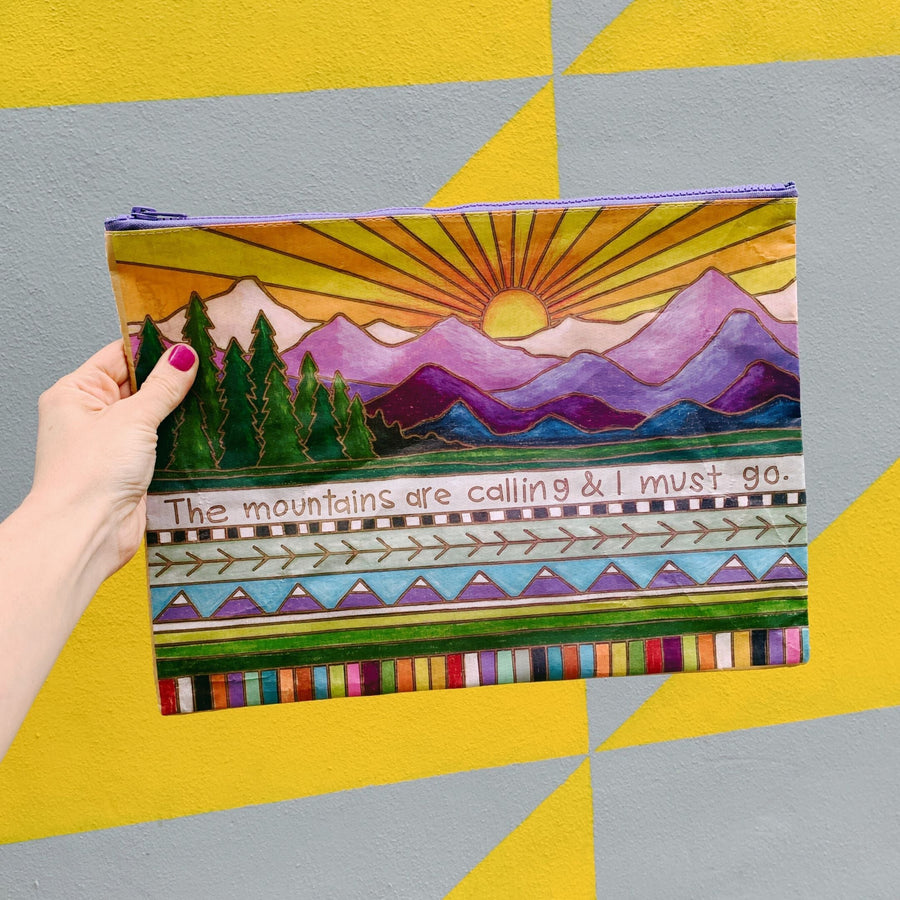 Jumbo Pouch Mountains Are Calling I Must Go Zipper Folder |  Recycled Material Pouch | 14.25