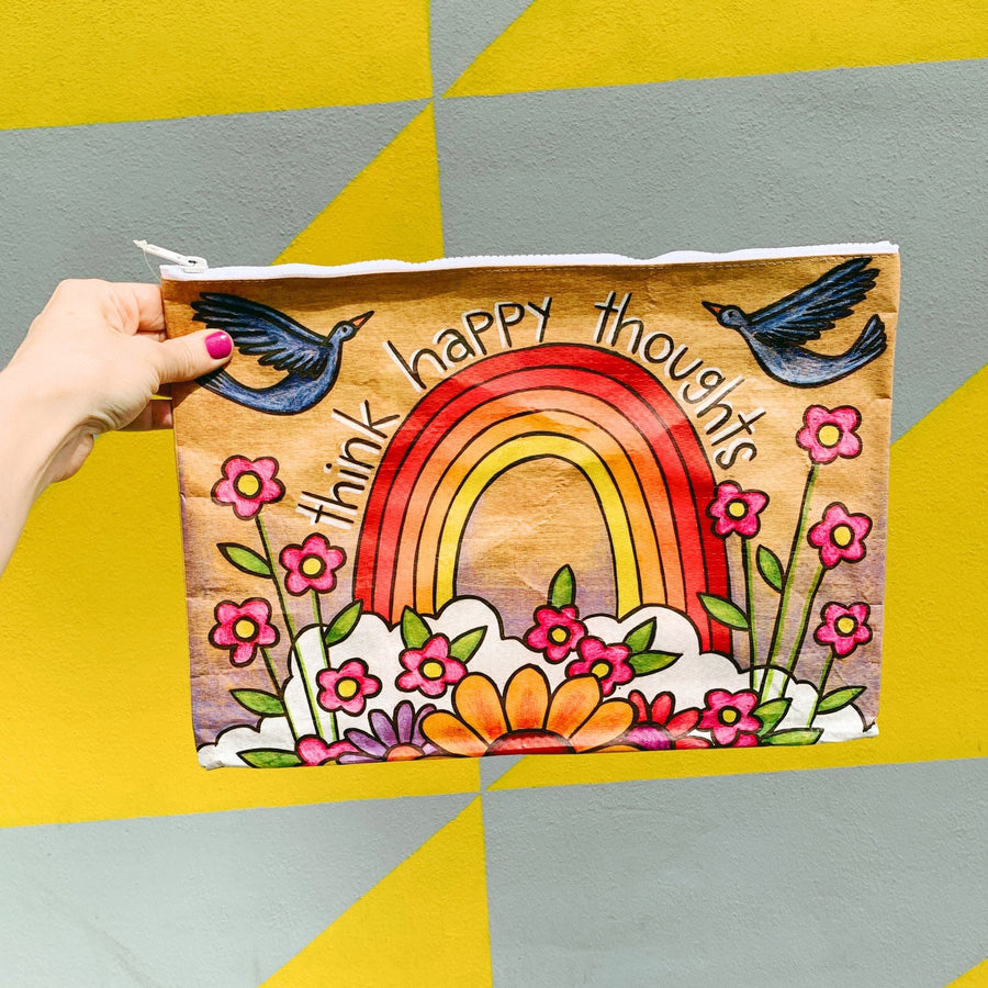 Jumbo Pouch Think Happy Thoughts Zipper Folder in Rainbow and Flowers Design | Organizer Pouch Recycled Material | 14.25