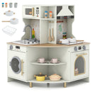 Kids Play Kitchen Wooden Corner Kitchen Playset with Working Faucet and Sink-Beige