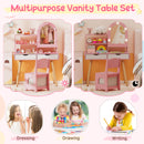 Kids Vanity Set Pretend Play Dressing Table Set with 3-Color Lighting Modes Adjustable Brightness and Mirror Cabinet