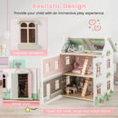 Kids Wooden Dollhouse 3 Level with Double-Sided Roofs and Doors-Pink