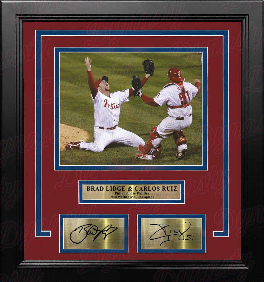Brad Lidge & Carlos Ruiz 2008 World Series Last Out Celebration Philadelphia Phillies Framed Baseball Photo with Engraved Autographs