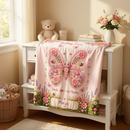 Personalized Baby Milestone Blanket with Name - Butterfly Garden Design with Month Numbers, Meadow Border, and Baby Name on Cream Oval Plaque - Newborn Photoshoot Prop