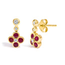 14K Yellow Gold 1/10 Cttw Diamond and Ruby Floral Dangle Earrings