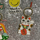 Maneki Neko Cute Cat Brass and Enamel Keychain | Good Luck Charm Key Ring Holder