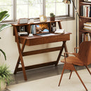Mid Century Home Office Desk with 3 Storage Drawers and Monitor Stand-Oak