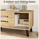 Mid Century Modern TV Stand with Sliding Doors and Cable Hole for 65 Inch TVs-Natural