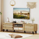 Mid Century Modern TV Stand for 80 Inch TVs with Sliding Door Cabinets and Storage Shelves-Oak