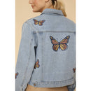 Miss Sparkling Light Blue Monarch Butterfly Embroidered Denim Jacket | Sizes SM-XL