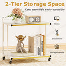 Mobile Side Table 2-Tier Rolling End Table with Open Shelves & Golden Trimmed Edges-White