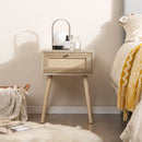 Modern Rattan Nightstand with Drawer and Solid Wood Legs for Bedroom and Living Room-Natural