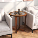 Modern Round End Table Sofa Side Table with Transparent Tempered Glass Top-Brown