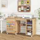 Multipurpose Folding Sewing Table Craft Station with Rattan Door-Natural