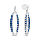 18K White Gold 1.11 Cttw Blue Round Diamond and Blue Sapphire Openwork Oval Shaped Dangle Earrings (F-G Color, VS1-VS2 Clarity)