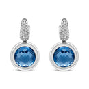 18K White Gold Bezel Set 11mm Blue Topaz and 1/2 Cttw Invisible Set Diamond Bale Dangle Earrings (F-G Color, VS1-VS2 Clarity)
