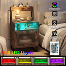 Nightstand with LED Lights Modern End Table with Top Tray Open Compartment and Storage Cabinet