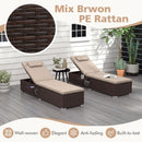 PE Rattan Chaise Lounge Set of 2 with 6-Position Adjustable Backrest and Foldable Side Table