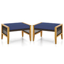 Patio Acacia Wood Ottomans with Cushions and Versatile Rattan Woven Footstools-Navy