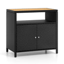 Rattan Storage Cabinet with Acacia Wood Countertop for Poolside Deck and Patio