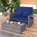Patio Wicker Loveseat Sofa with Multipurpose Ottoman and Retractable Side Tray