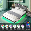 Full/Queen Size Floating Bed Frame with LED and Headboard and Charging Station