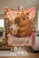 Personalized Capybara Blanket with Name - Kawaii Capybara Boba Tea Full-Print Flannel Throw with Name in Scalloped Banner - Custom Gift for Teen Girls