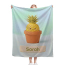 Personalized Kawaii Pineapple Blanket | Custom Name | Cute Potted Fruit Mint Blue Fleece Throw Gift