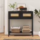 Rattan Console Table Boho Entryway Table with 2 Rattan Drawers and Open Storage Shelf