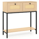 Rattan Console Table Boho Entryway Table with 2 Rattan Drawers and Open Storage Shelf