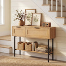 Rattan Console Table with 2 Storage Cabinets Shelf Carbon Steel Frame