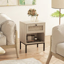 Rattan Nightstand Boho End Table with Rattan Drawer and Open Shelf