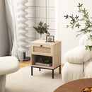 Rattan Nightstand Boho End Table with Rattan Drawer and Open Shelf