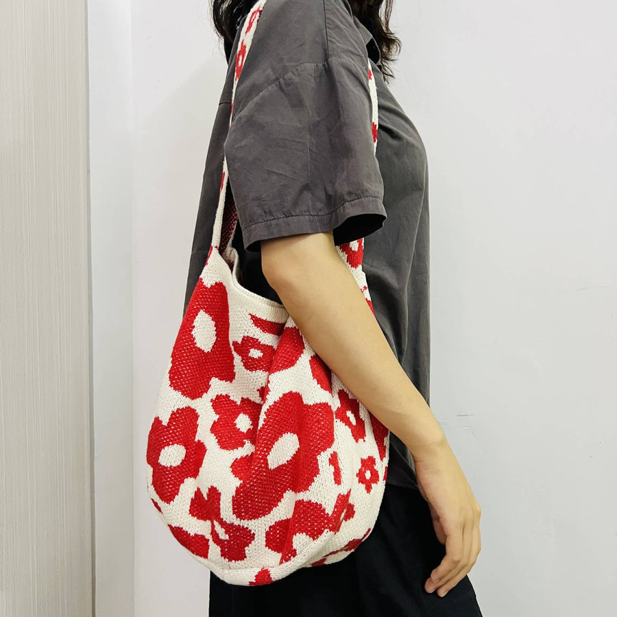 Red Flowers Knitted Single Strap Large Shoulder Tote Bag | 100%Acrylic / One Size  | Handbag