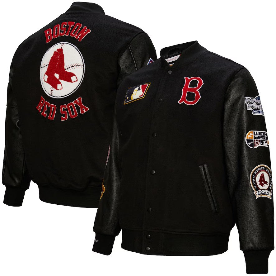Boston Red Sox Mitchell & Ness Black Blackout Collection Full-Snap Varsity Jacket