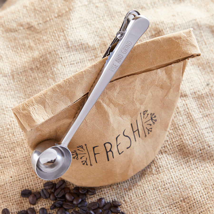 Rise and Grind Coffee Clip and Scoop | Combination Tablespoon Measuring and Bag Clip