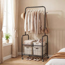 Rolling Metal Clothes Rack with Hanging Rod and Storage Basket