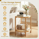 Round Side Table 2-Tier Boho End Table with Tempered Glass Top