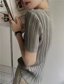 Woman Clothing Top Women Pleated Short-sleeved Female