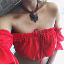 Women Crop Top – Summer Lantern Sleeve Strapless Ruched Beach Top