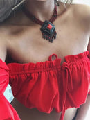 Women Crop Top – Summer Lantern Sleeve Strapless Ruched Beach Top