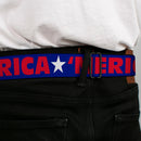 BD Wings Logo CLOSE-UP Full Color Black Silver Seatbelt Belt - 'MERICA/Star Blue/Red/White Webbing
