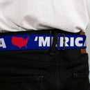 BD Wings Logo CLOSE-UP Full Color Black Silver Seatbelt Belt - 'MERICA/USA Silhouette Blue/White/Red Webbing