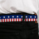 BD Wings Logo CLOSE-UP Full Color Black Silver Seatbelt Belt - Americana Stars & Stripes2 Blue/White/Red/White Webbing
