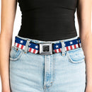 BD Wings Logo CLOSE-UP Full Color Black Silver Seatbelt Belt - Americana Stars & Stripes2 Blue/White/Red/White Webbing