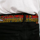 BD Wings Logo CLOSE-UP Full Color Black Silver Seatbelt Belt - Born to Raise Hell Red Webbing
