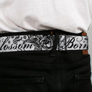 BD Wings Logo CLOSE-UP Full Color Black Silver Seatbelt Belt - Born to Blossom Black/White Webbing