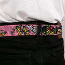 BD Wings Logo CLOSE-UP Full Color Black Silver Seatbelt Belt - Born to Raise Hell CLOSE-UP Pink Webbing